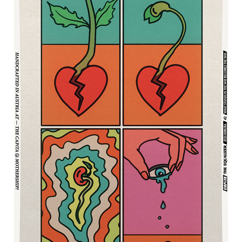 CAPiTA Women's The Equalizer Snowboard 2026 - A snowboard with a white base and black lettering, featuring a stylized illustration of a woman in action on the top sheet.