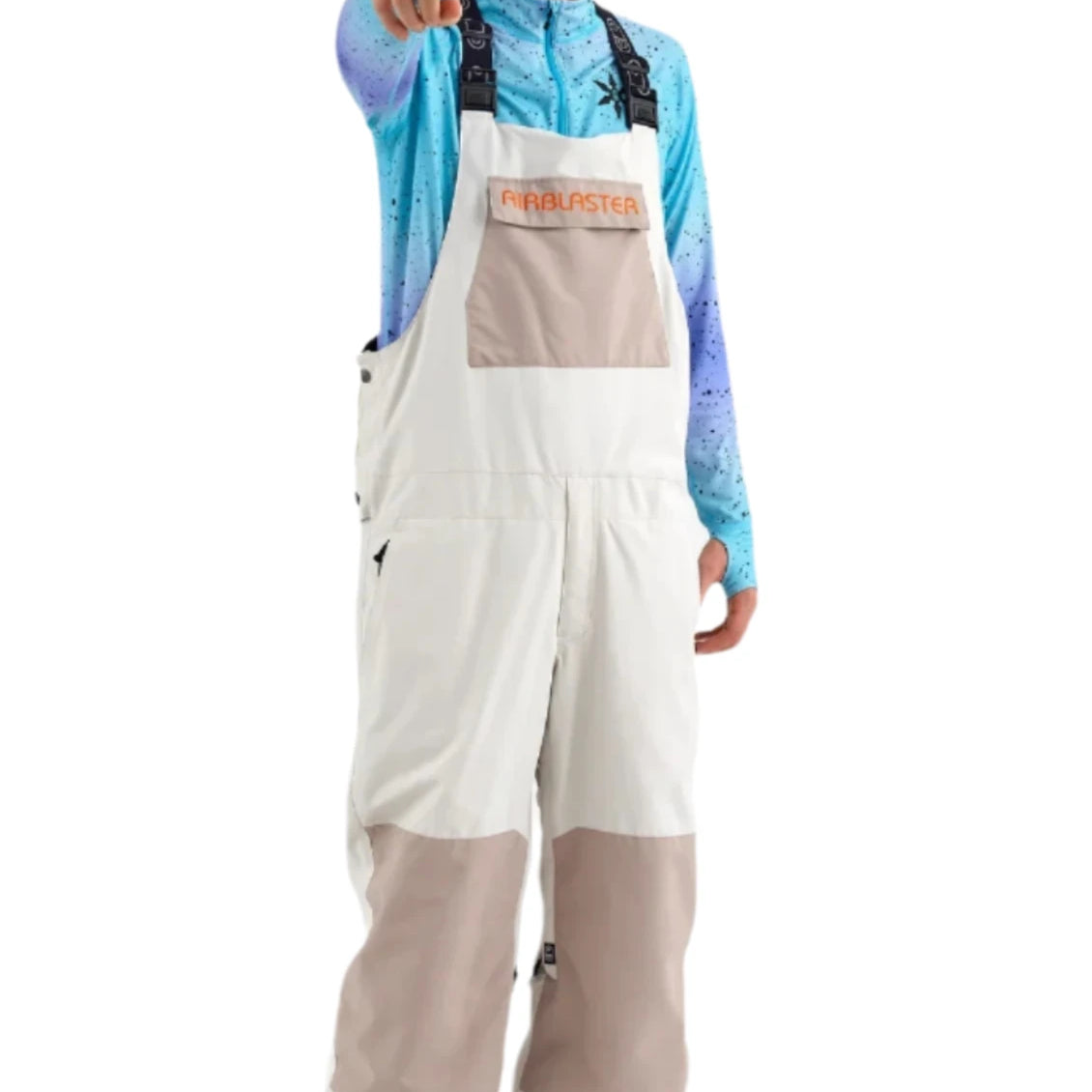 Airblaster Freedom Shell Bib 2025 - A white bib with a tan patch on the front, featuring orange lettering that reads "AIRBLASTER".