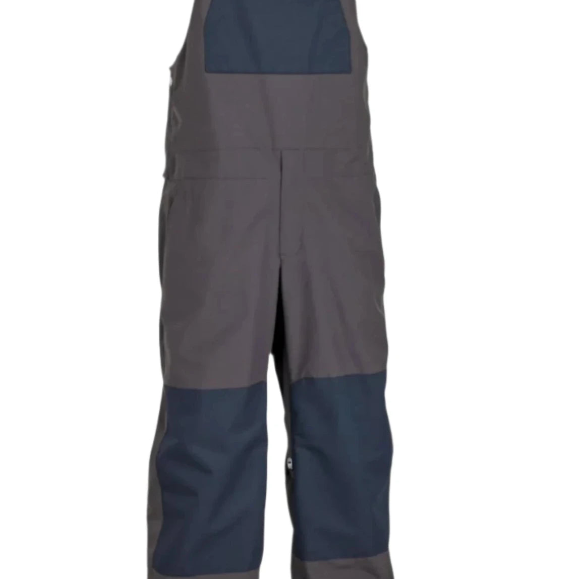 Airblaster Freedom Shell Bib 2025 - A gray bib with a darker gray panel on the chest and knee patches, featuring black straps and buckles.