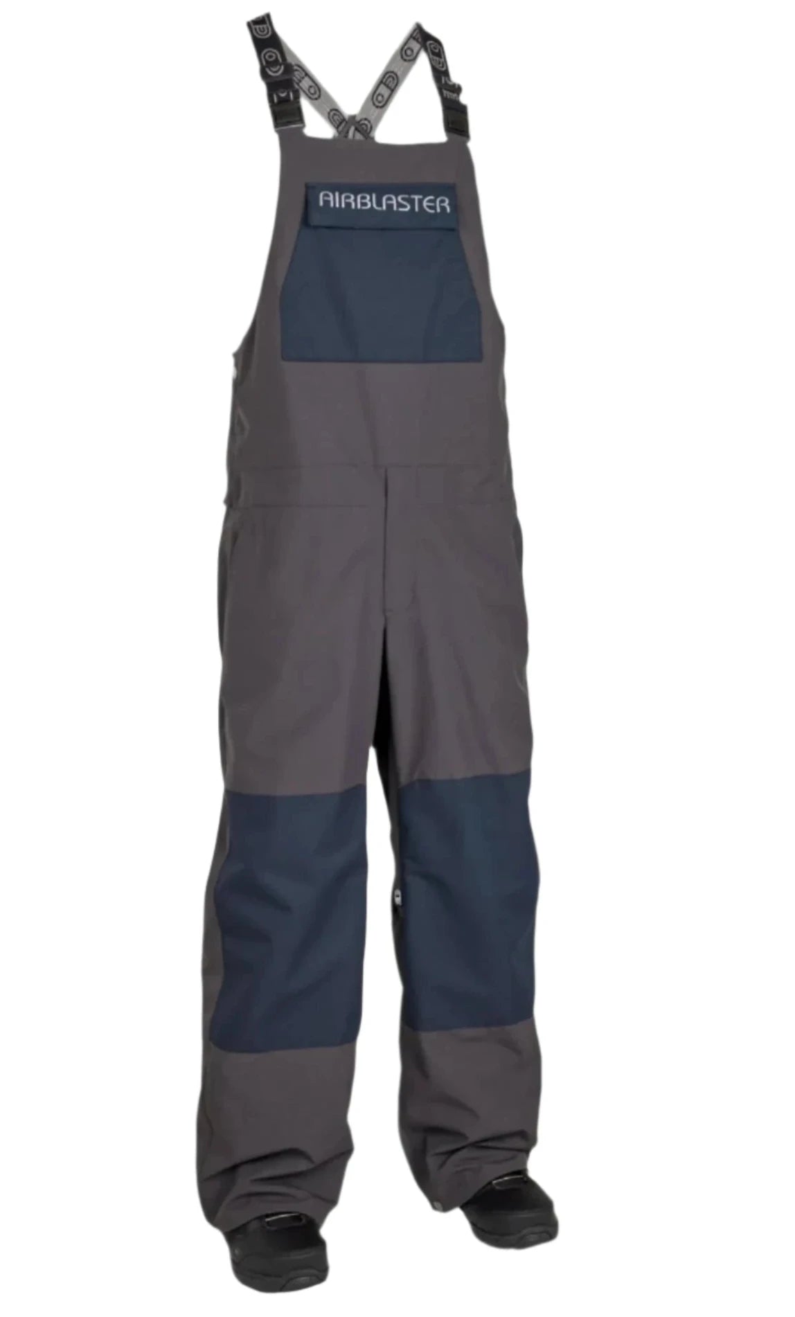Airblaster Freedom Shell Bib 2025 - A gray bib with a darker gray panel on the chest and knee patches, featuring black straps and buckles.