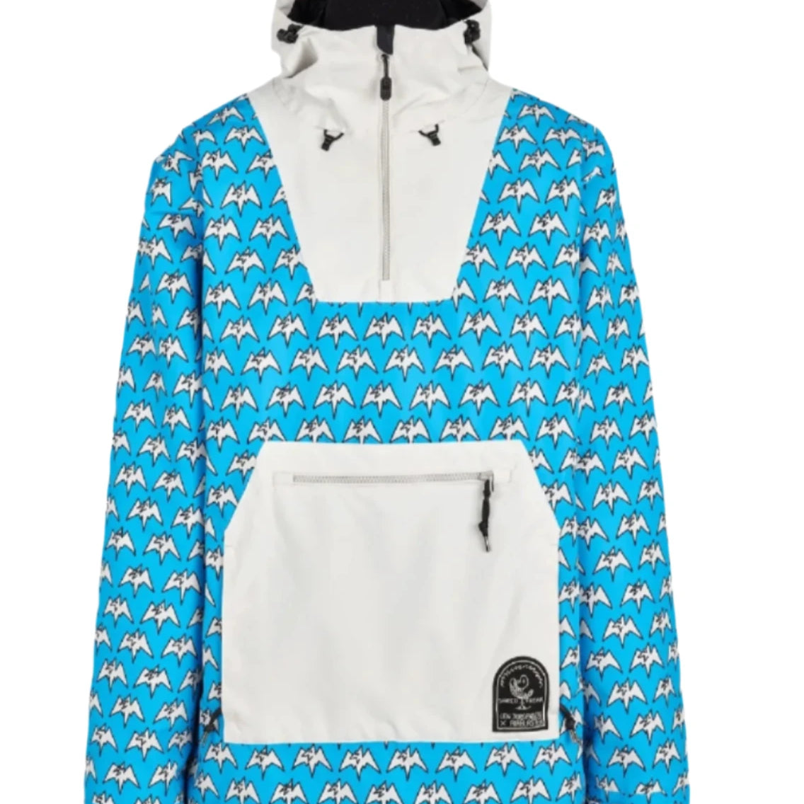 Airblaster Freedom Pullover Jacket 2025 - A blue jacket with a repeating pattern of white mountain peaks and black outlines, featuring a zippered front and hood.
