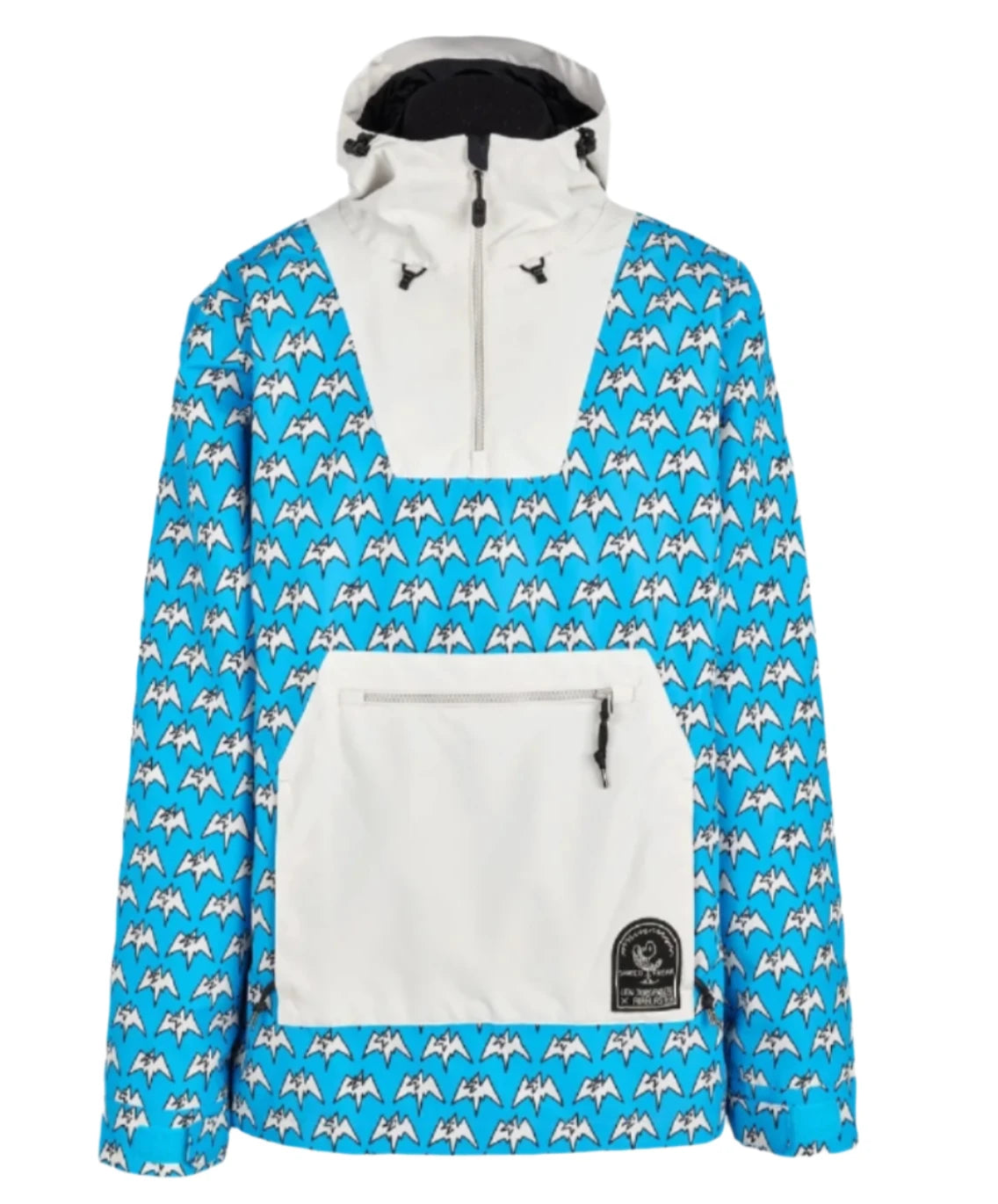 Airblaster Freedom Pullover Jacket 2025 - A blue jacket with a repeating pattern of white mountain peaks and black outlines, featuring a zippered front and hood.