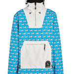 Airblaster Freedom Pullover Jacket 2025 - A blue jacket with a repeating pattern of white mountain peaks and black outlines, featuring a zippered front and hood.
