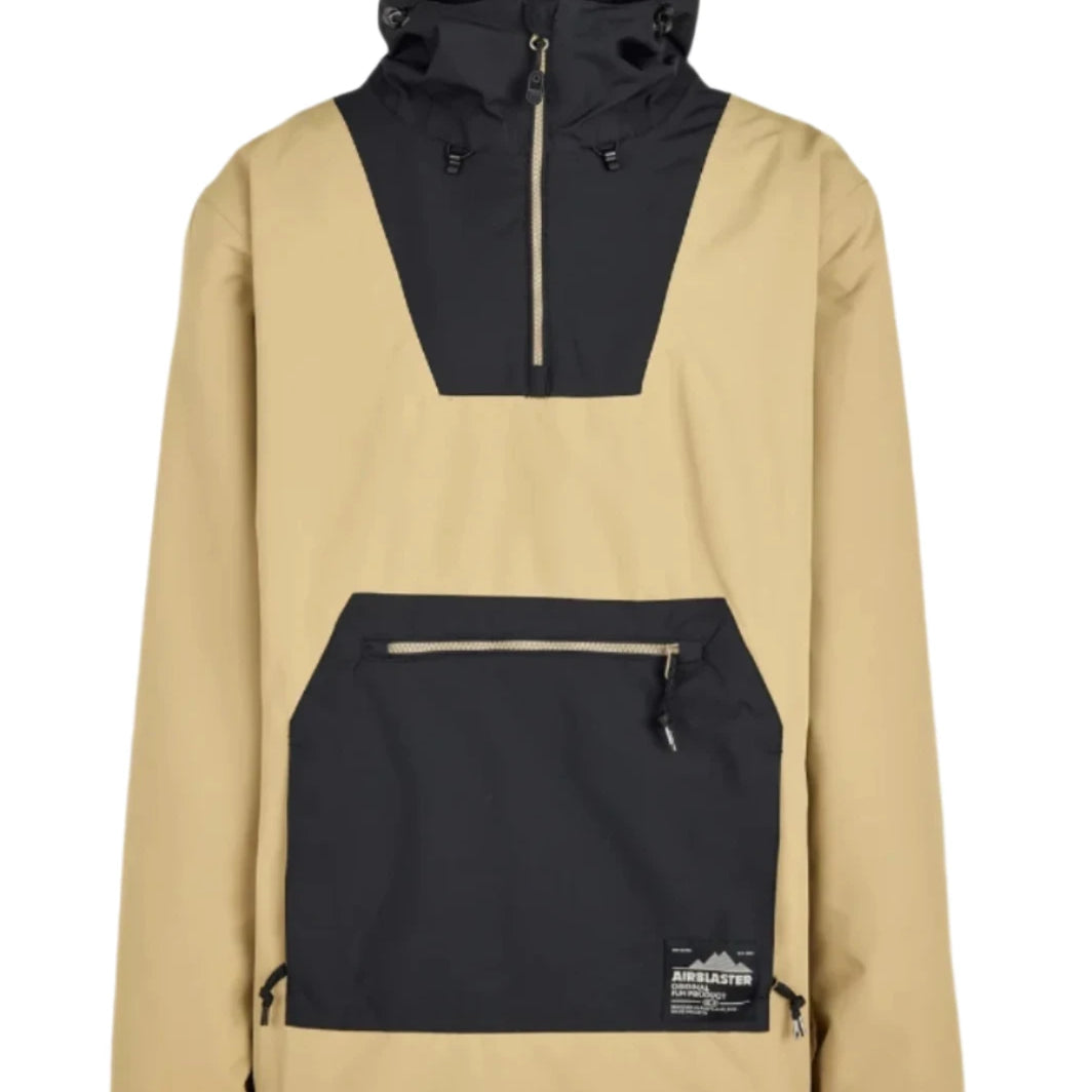 Airblaster Freedom Pullover Jacket 2025 - A tan-colored jacket with a black zipper and two black drawstrings at the hood.