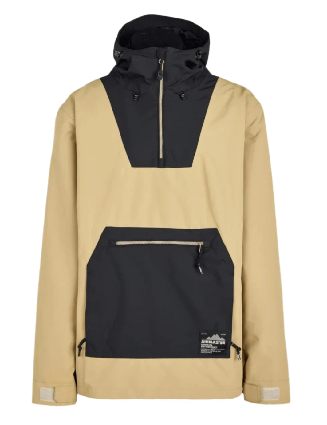Airblaster Freedom Pullover Jacket 2025 - A tan-colored jacket with a black zipper and two black drawstrings at the hood.