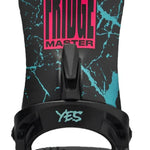 The Yes brand Airmaster Fridge snowboard binding is black with blue marbled accents.
