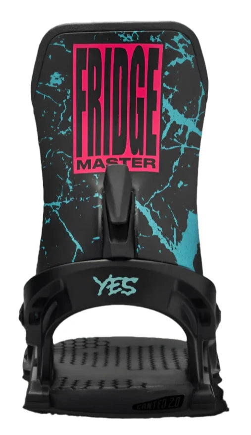 The Yes brand Airmaster Fridge snowboard binding is black with blue marbled accents.