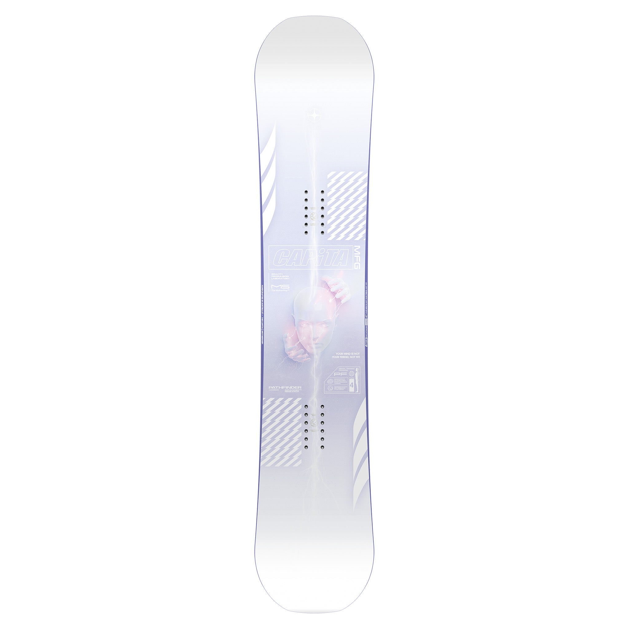 CAPiTA Pathfinder Camber Snowboard 2025 - A white snowboard with a blue and red design, featuring a man's face on it.