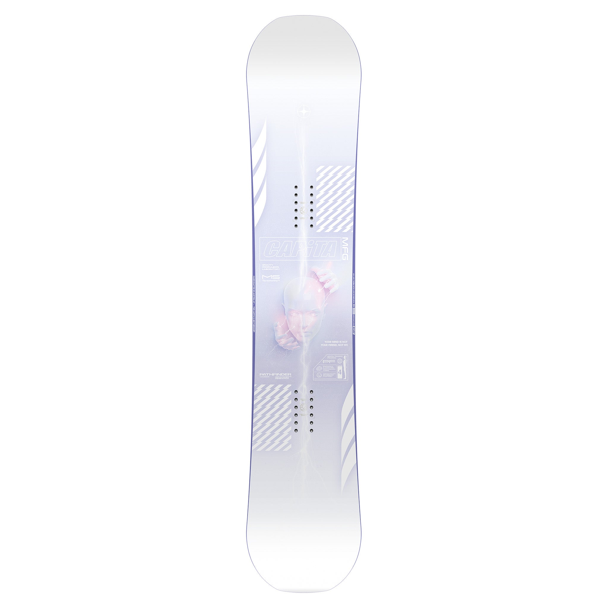 CAPiTA Pathfinder Camber Snowboard 2025 - A white snowboard with a blue and red design, featuring a man's face on the top half.