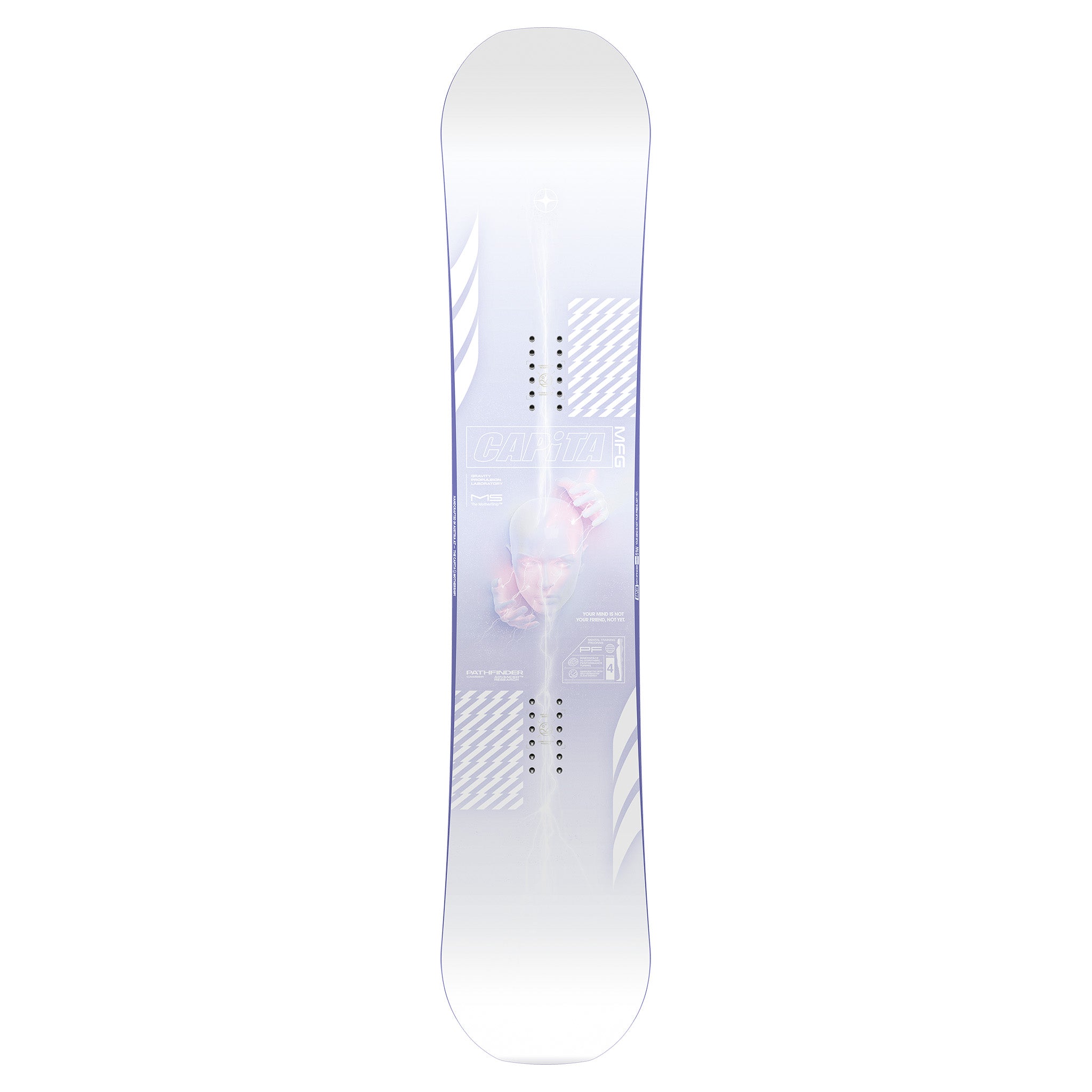 CAPiTA Pathfinder Camber Snowboard 2025 - A snowboard with a dark blue background and white diagonal stripes on the top sheet, featuring a man's face in a hat at center.