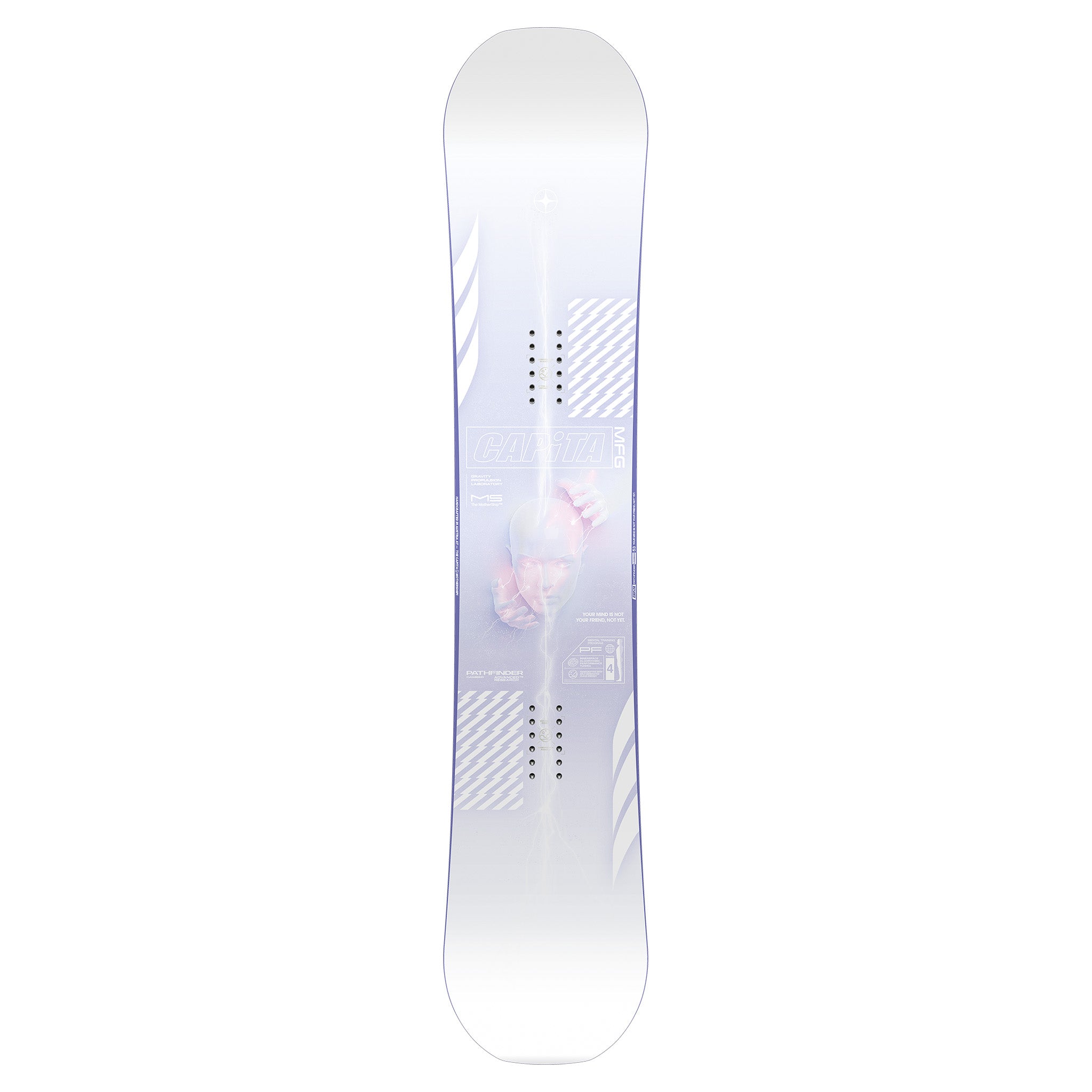 CAPiTA Pathfinder Camber Snowboard 2025 - A snowboard with a white base and blue accents, featuring a graphic of a man's face on the top sheet.