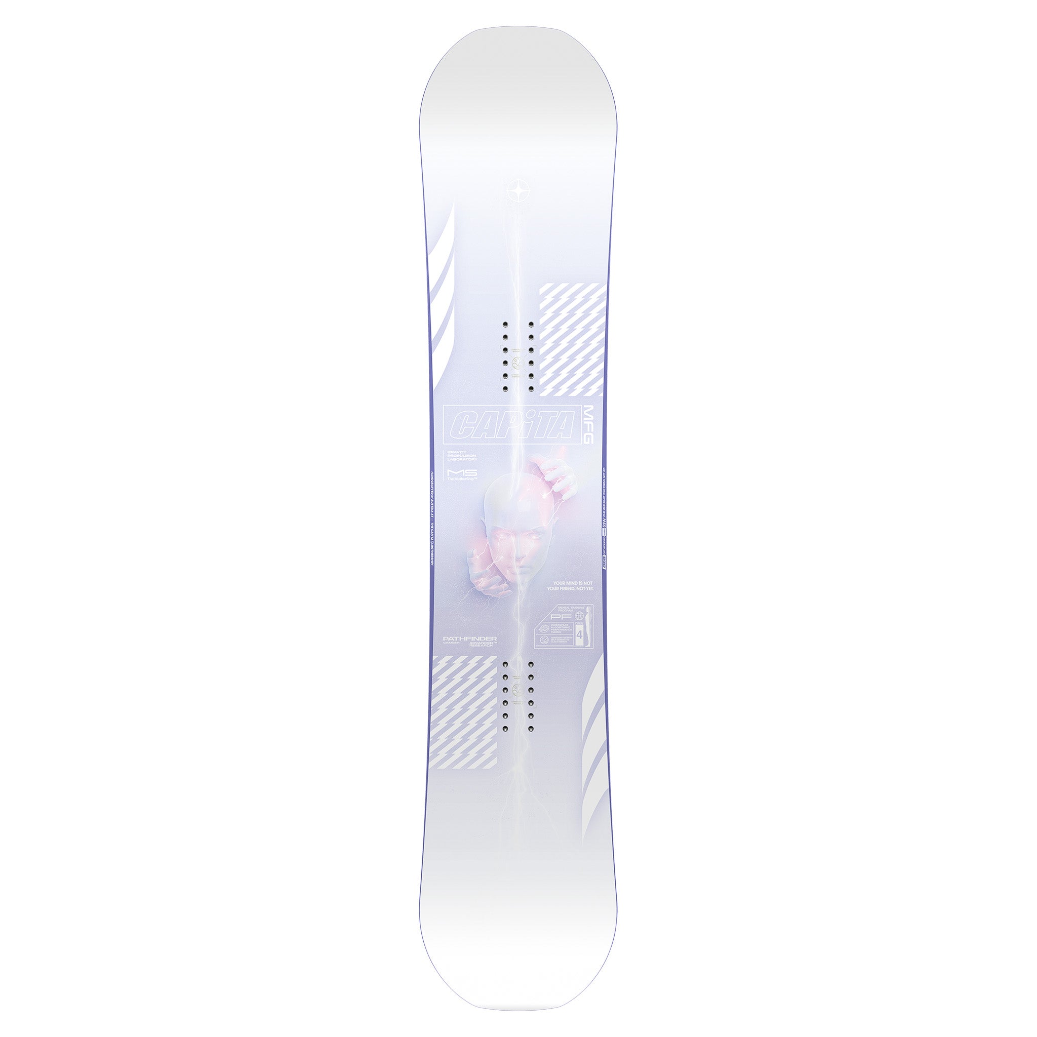 CAPiTA Pathfinder Camber Snowboard 2025 - A snowboard with a light gray background and white diagonal stripes on the top sheet, featuring a man's face in a hat at center.