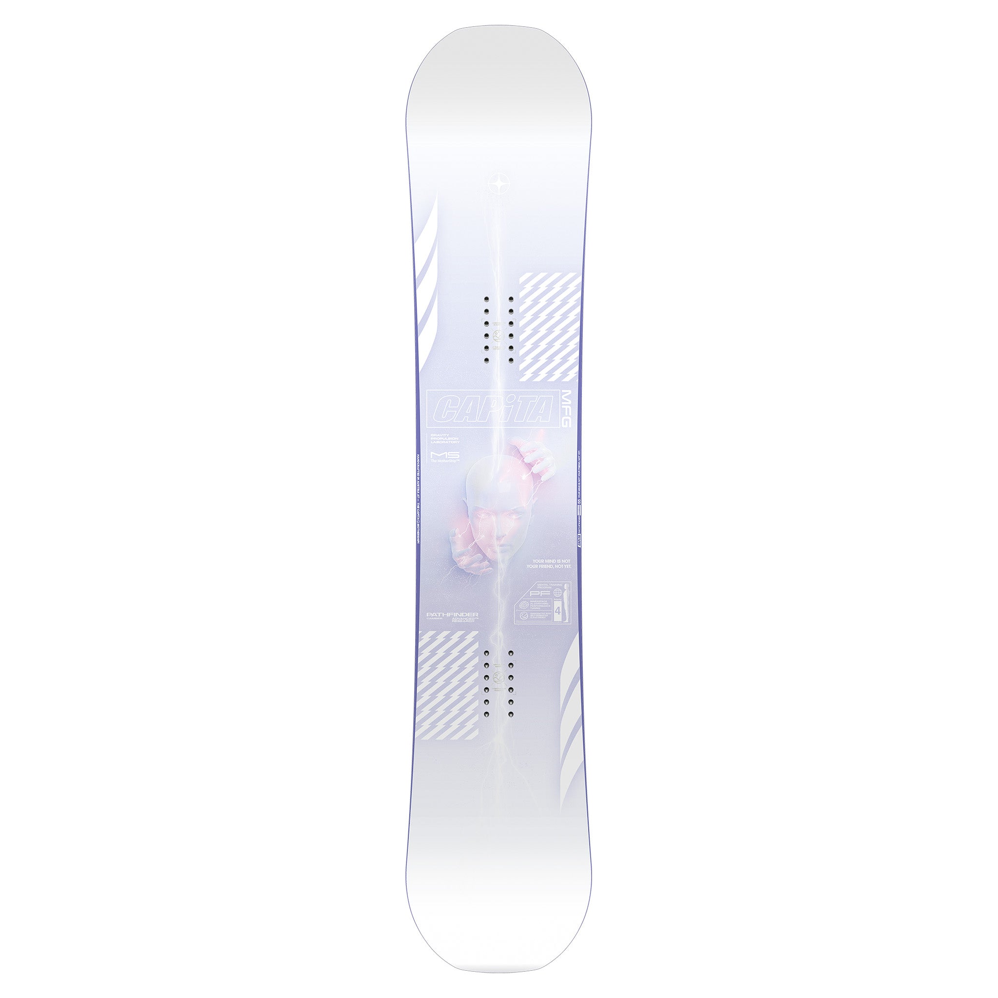 CAPiTA Pathfinder Camber Snowboard 2025 - A snowboard with a light blue background and white diagonal stripes on the top sheet, featuring a man's face in goggles and a helmet.
