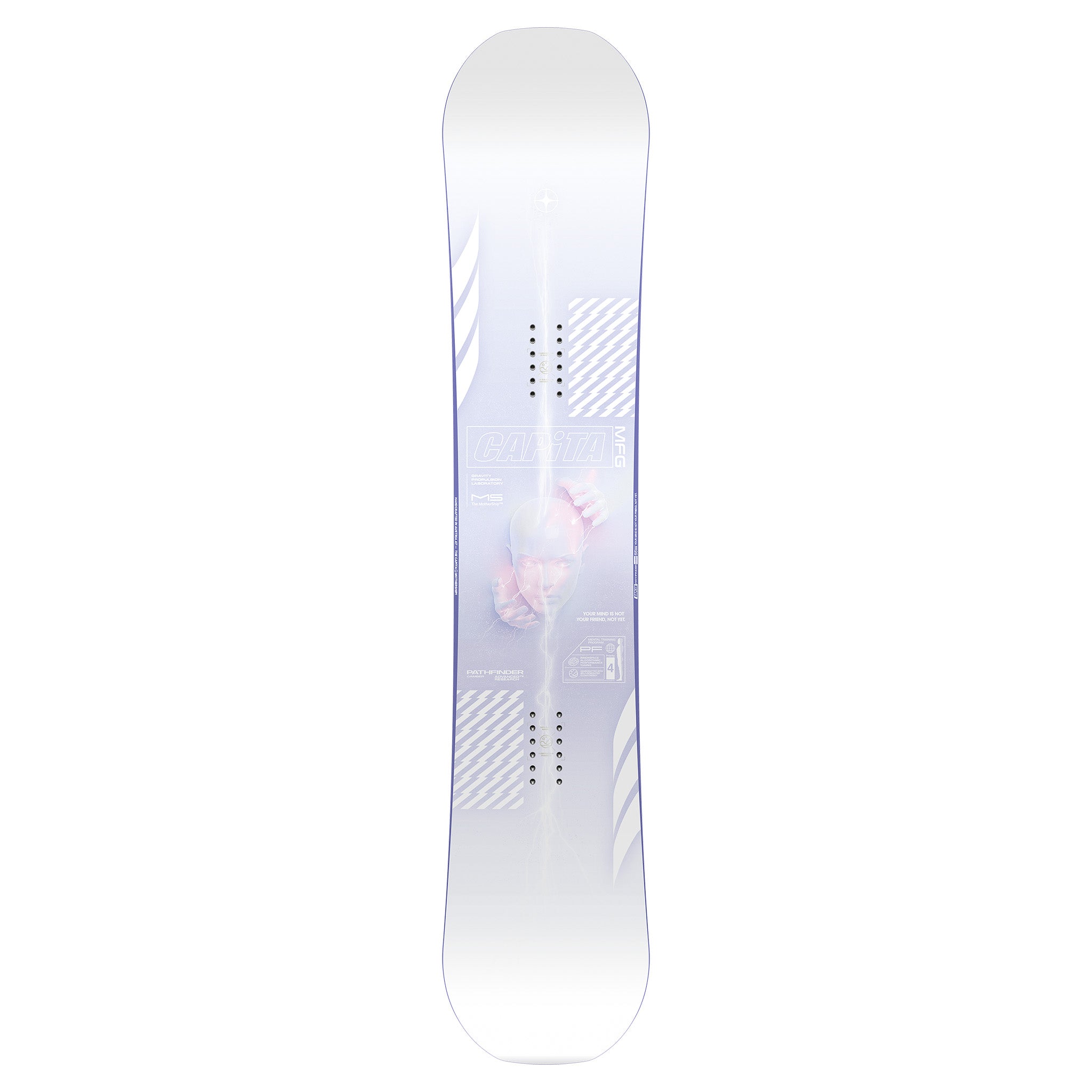 CAPiTA Pathfinder Camber Snowboard 2025 - A snowboard with a dark blue background and white diagonal stripes on the top sheet, featuring a man's face in a helmet at center.