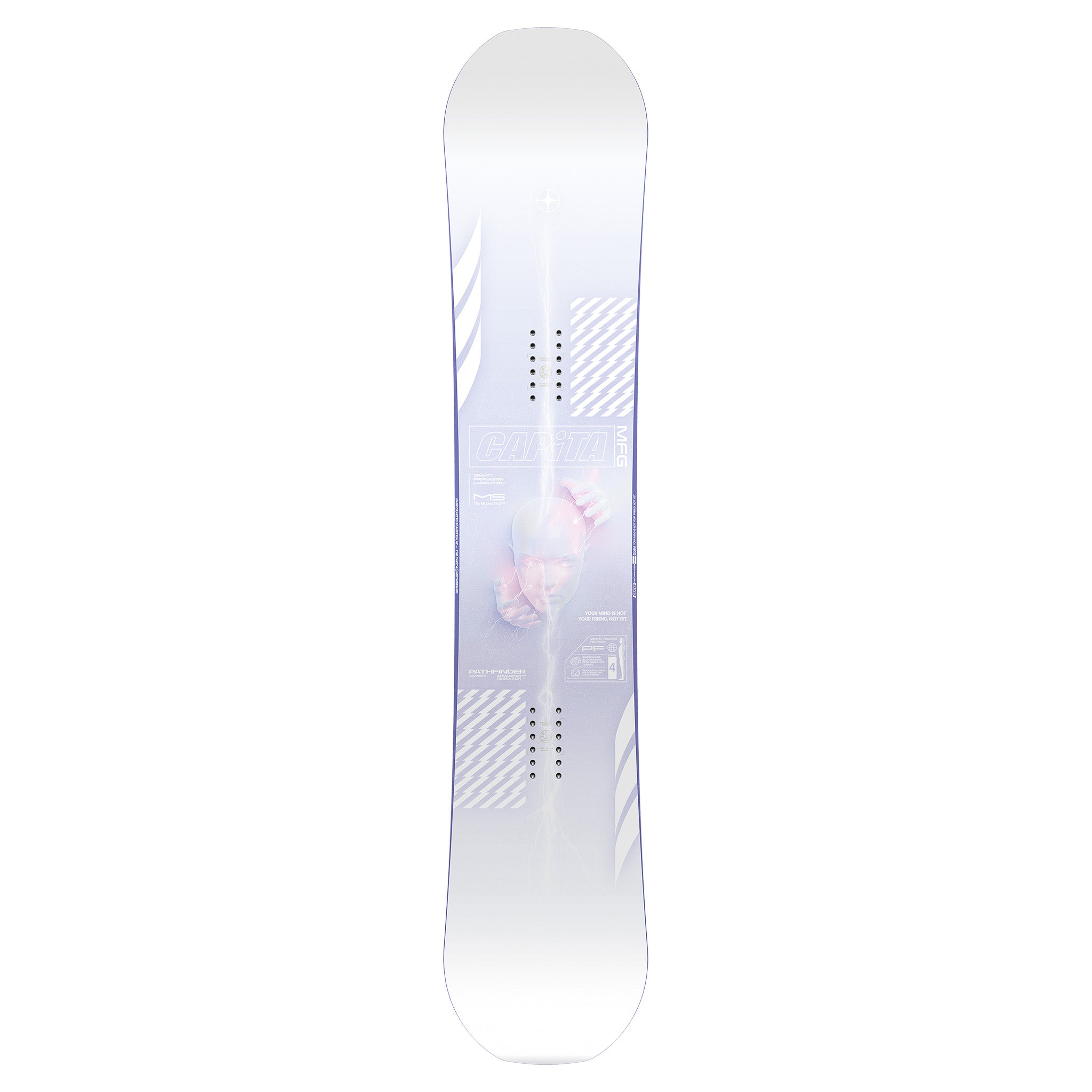 CAPiTA Pathfinder Camber Snowboard 2025 - A snowboard with a light gray background and white diagonal stripes on the top sheet, featuring a man's face in a red hat and goggles.