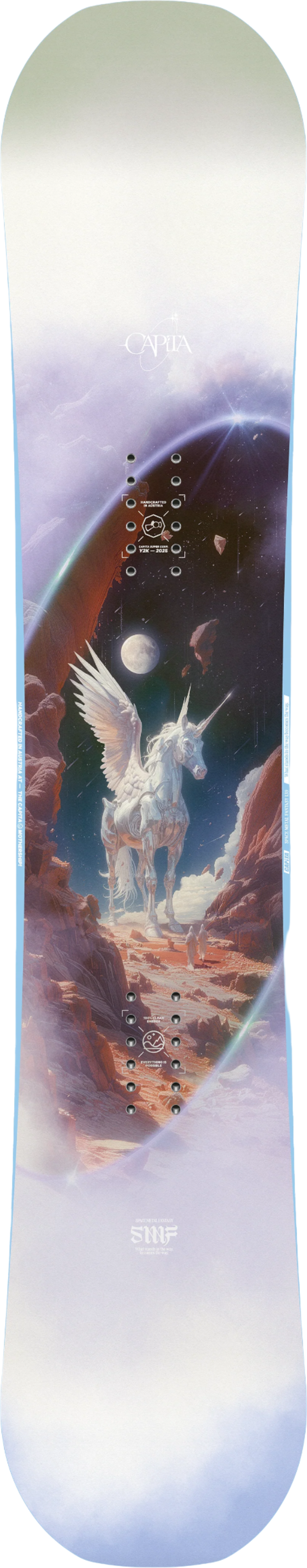 CAPiTA Women's Space Metal Fantasy Snowboard 2026 - A snowboard with a predominantly white base and a vibrant, multicolored design featuring fantasy elements.