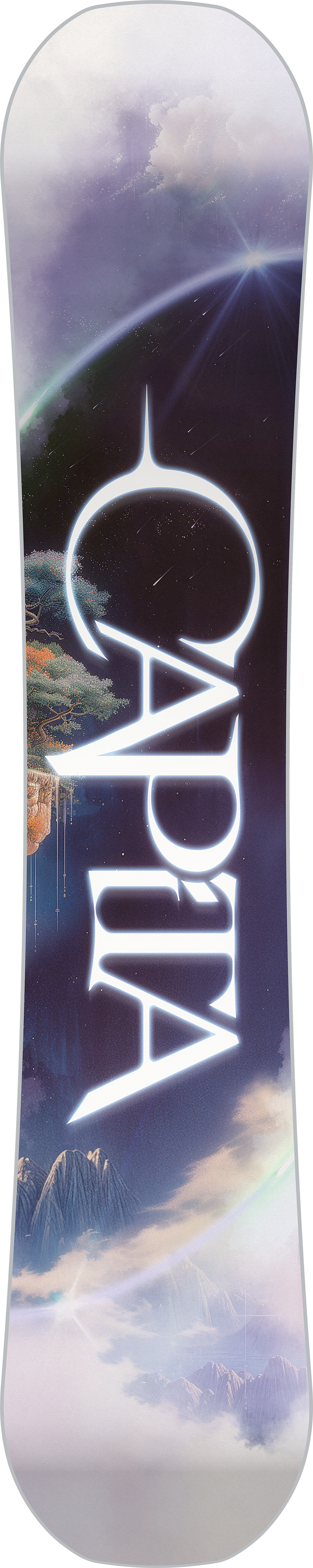 CAPiTA Women's Space Metal Fantasy Snowboard 2026 - A snowboard with a fantasy landscape design featuring mountains, trees and clouds in shades of purple and blue.
