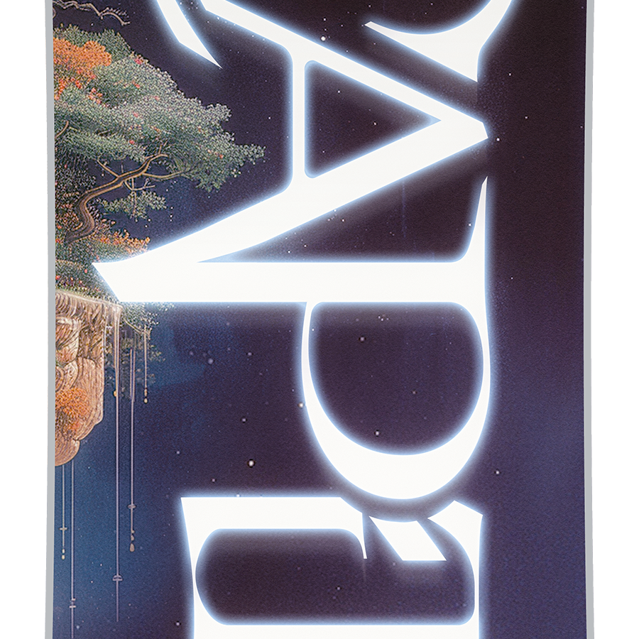 CAPiTA Women's Space Metal Fantasy Snowboard 2026 - A snowboard with a fantasy landscape design featuring mountains, trees and clouds in shades of purple and blue.