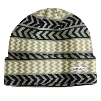 Autumn Select Chevron Beanie 2025 - A black, gray, and cream chevron patterned beanie with a folded cuff.