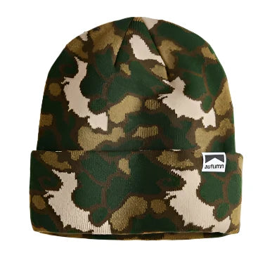 Autumn Surplus Duck Camo Beanie 2025 - A camouflage beanie with a duck pattern in shades of green, brown and tan.