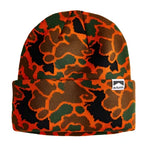Autumn Surplus Duck Camo Beanie 2025 - A camouflage beanie with a brown, green, and orange pattern.