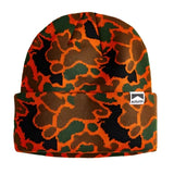 Autumn Surplus Duck Camo Beanie 2025 - A camouflage beanie with a brown, green, and orange pattern.