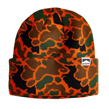 Autumn Surplus Duck Camo Beanie 2025 - A camouflage beanie with a brown, green, and orange pattern.