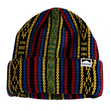 Autumn Surplus Landscape Beanie 2025 - A black beanie with a multicolored, abstract landscape pattern featuring red, blue, and yellow stripes.