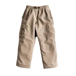Stone cargo shell pants, front view with elastic waist and flap thigh pockets