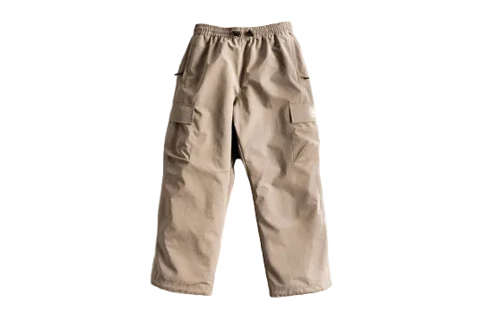 Stone cargo shell pants, front view with elastic waist and flap thigh pockets