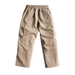 Stone cargo shell pants, back view with elastic waist and rear pockets