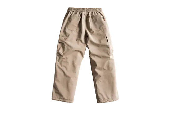 Stone cargo shell pants, back view with elastic waist and rear pockets