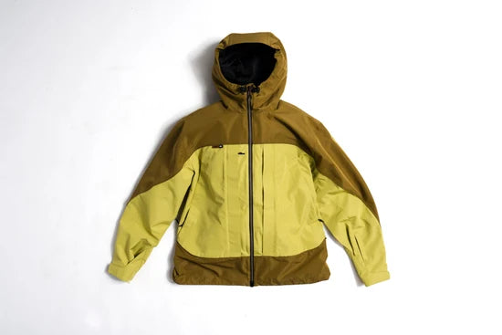 Front view of color-block hooded shell jacket with full-length zip