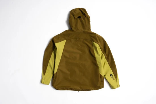 Back view of hooded shell jacket with olive body and yellow-green sleeve panels