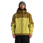 Color-block shell jacket with hood, front zip and yellow-green and olive panels