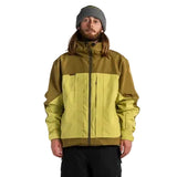 Color-block shell jacket with hood, front zip and yellow-green and olive panels