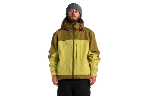 Color-block shell jacket with hood, front zip and yellow-green and olive panels