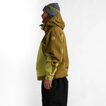 Side view of hooded shell jacket with color-block sleeves and front zip