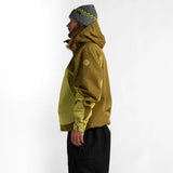 Side view of hooded shell jacket with color-block sleeves and front zip
