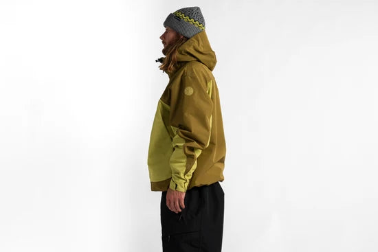 Side view of hooded shell jacket with color-block sleeves and front zip