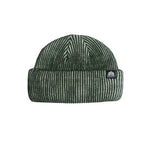 Green cord double-roll beanie with a ribbed knit and small logo patch