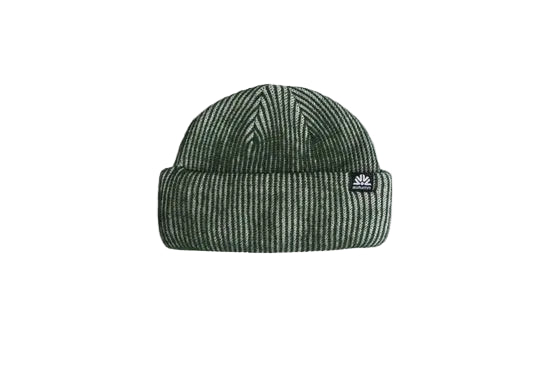 Green cord double-roll beanie with a ribbed knit and small logo patch