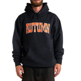 Navy hooded fleece sweatshirt with orange and white AUTUMN chest lettering