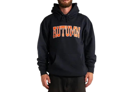 Navy hooded fleece sweatshirt with orange and white AUTUMN chest lettering