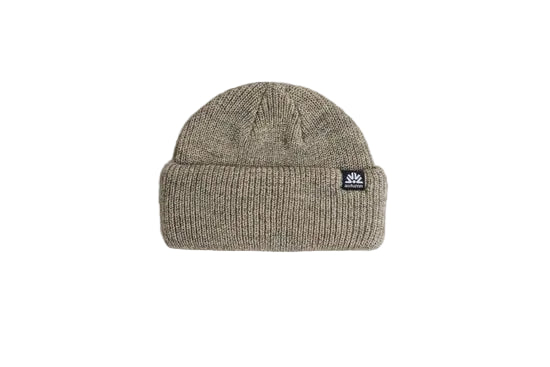 Cream knit beanie with a wide folded cuff and small side label
