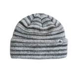 Striped knit beanie in gray and black with a small logo patch