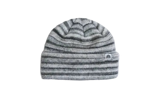 Striped knit beanie in gray and black with a small logo patch