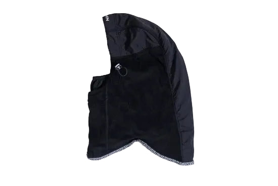 Side view of the black Autumn Hi Tek hood with a face opening and adjustable cord.