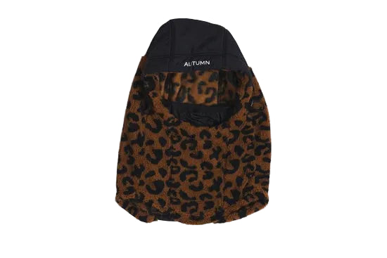 Autumn Hi Tek hood with a brown and black leopard print face panel and black crown.