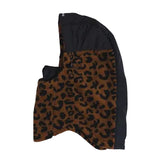Side view of the leopard-print Autumn Hi Tek hood with a black crown and back panel.